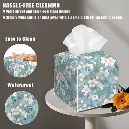 BLYKVGHQ Abstract Blooming Flower Tissue Box Cover Square, Tissue Box Holder with Bottom Belt Leather Facial Paper Organizer Dispenser for Bathroom Bedroom Dresser Night Stand Tabletop
