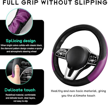 Car Steering Wheel Cover, 15 inch Carbon Fiber Microfiber Leather Elastic Steering Wheel Protector, Breathable Anti-Slip Comfortable Steering Wheel Covers for Most Cars (Black&Purple, AD)