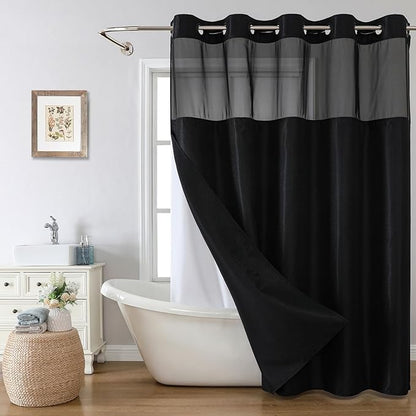 eachope Stall No Hook Shower Curtain with Snap-in Fabric Liner Set,Waffle Weave Shower Curtains for Bathroom,Hotel Luxury Decor Bathroom Curtain Set,Waterproof & Washable,Black,54Wx80H