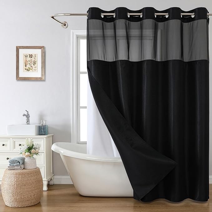 eachope Extra Long No Hook Shower Curtain with Snap-in Fabric Liner Set,Black Waffle Weave Shower Curtains for Bathroom,Hotel Luxury Decor Bathroom Curtain Set,Waterproof & Washable,71Wx86H