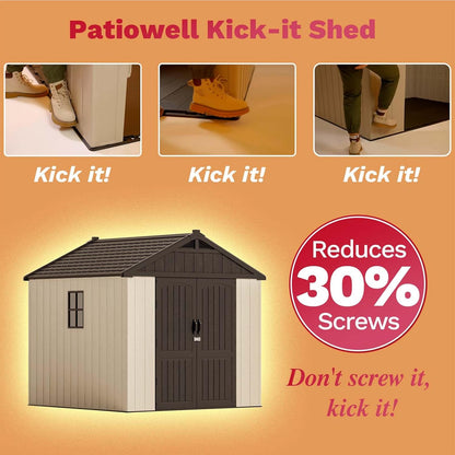 Patiowell 8x8 FT Outdoor Storage Shed, Plastic Shed Resin Garden Tool Shed with Floor & Window & Lockable Door for Patio Furniture, Backyard Tools, Bicycles & Lawnmower, Beige