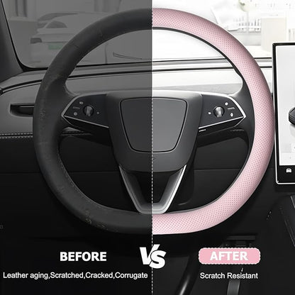Microfiber Leather Universal 14.5-15 inch Steering Wheel Cover,Easy to Install Non-Slip Breathable Steering Wheel Protector Light Pink