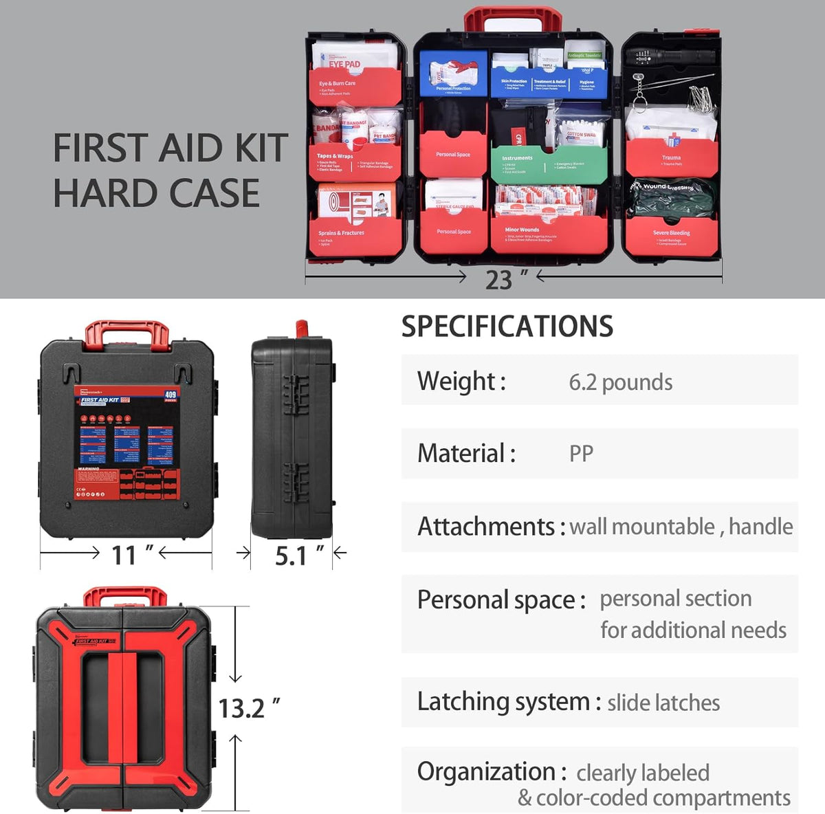 Hard Case First Aid Kit 408 Pcs - Wall Mountable Trauma Kit for Car, Home, Office & Truck - Comprehensive Large First Aid Supplies with Color-Coded Labelled Compartments