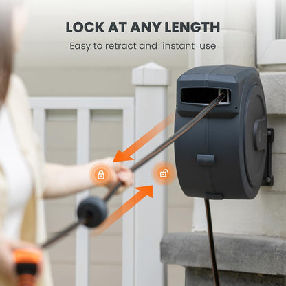 Giraffe Tools PRO Heavy Duty Retractable Garden Hose Reel - 78ft 1/2 Inch Auto Rewind with Any-Length Lock, Wall Mounted Metal Bracket, Commercial Grade for Patio & Lawn (Dark Grey)