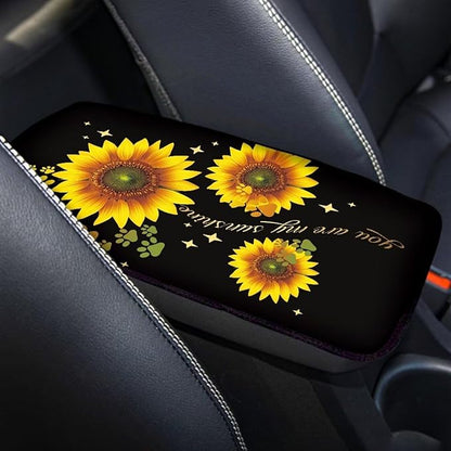 UNICEU Yellow Sunflower Dog Paw Car Armrest Pads Interior Accessories Sunflower Car Accessory Universal Fit Automotive Center Console Armrest Cushion Seat Storage Box Pads for Most Vehicle
