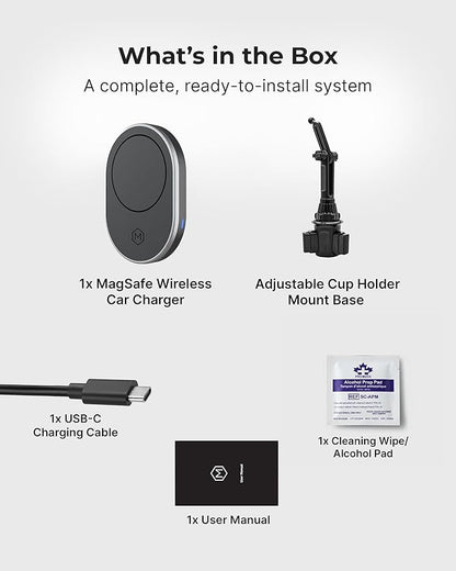 MagSafe 15W Fast Wireless Car Charger Cup Holder Mount, Compatible with iPhone Air/17/16/15/14/13/12 & Galaxy Phones, Strong Magnets for Secure Hold, Easy Installation