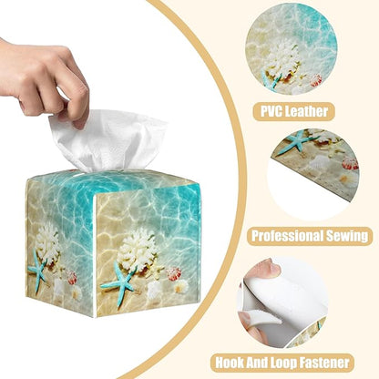 BLYKVGHQ Summer Beach Leather Tissue Box Holder Starfish and Seashell Tissue Box Cover Facial Paper Case Organizer Cube Napkin Dispenser for Bathroom Vanity Countertop Night Stand Office Car