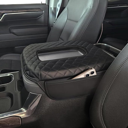 Center Console Cover Fit for GMC Sierra & Chevy Silverado 2019-2026, Tahoe /Yukon /Suburban 2021-2026 Thickened Leather Armrest Cover Cushion Center Lid Protector With Pockets (Bucket Seat Only)