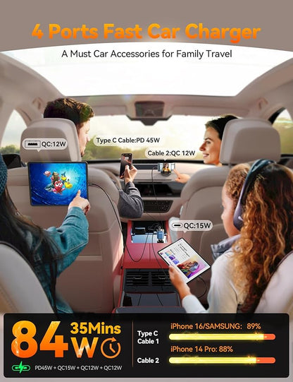 [2026 Ultra-Compact] Retractable Car Charger USB C 84W Car Accessories Adapter for iPhone 16 Fast Charging, Car Travel Essentials Gifts for Women Men, Car Phone Charger for iPhone 16e 15 Pro Max, Blue