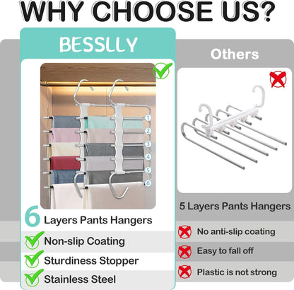 Upgrade 6 Layers Pants Hangers Space Saving, 2Pack Stainless Steel Multifunctional Rack Non Slip S-Type Clothes Jean Hanger Closet Organizer for Jeans Leggings Trousers Skirts Scarf, White