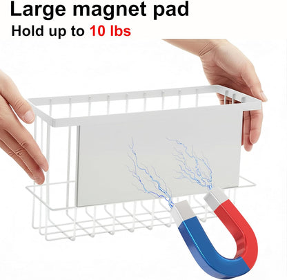 Magnetic Basket for Fridge, Magnetic Fridge Basket, Foil and Plastic Wrap Organizer with 4 hooks, Laundry Room Organization for Dryer Ball, Cling Film, Mail, Umbrella, White, 2 Pack