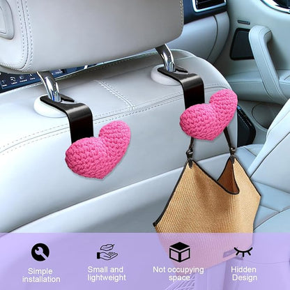 2PCS Car Headrest Hook, Cute Wool Heart Vehicle Seat Hangers for Umbrellas Grocery Bags, Automotive Interior Backseat Storage Organizer Hook, Universal for SUV, Sedan, Truck (Rose Red)
