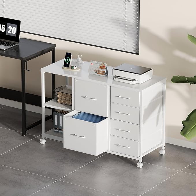 6 Drawer File Cabinet with Charging Station Rolling Printer Stand with Open