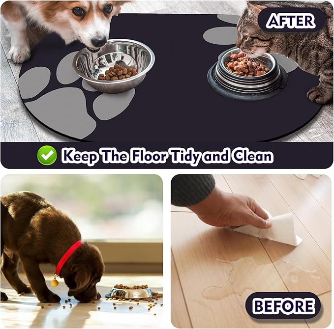 METEOROCK Pet Feeding Mat – 20''x12'' Absorbent Dog Food Mat, Pet Water Mats Protect Floor, No Stains Quick Dry Bowl Mats, Non-Slip Rubber Base Pets Placemats for Food and Water, Black Paw