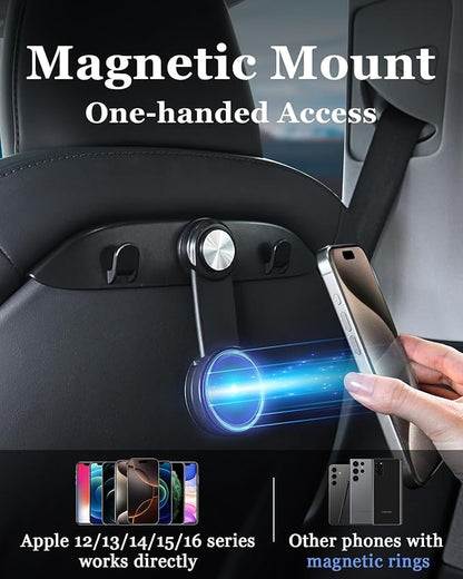 1 Pack Car Seat Hooks & Magnetic Phone Holder for Tesla Model Y(Juniper) Model 3(Highland) Accessories 2025 2024 2023 2022 2021, Car Seat Back Storage Purse/Bag/Hat Hook for iPhone
