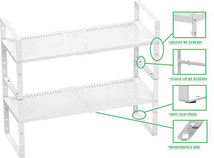 Expandable Shoe Rack Stackable Metal Pantry Storage Shelves Stand Adjustable Height Cabinet Shelf Organizer Racks Spice Shelving(3PACKS/WHITE,MEDIUM)