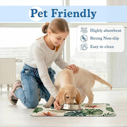 Boho Tropical Palm Pet Feeding Mat–Christmas Stocking Quick Dry Absorbent Dog Cat Food Mat, Non Slip Waterproof Bowl Placemat for Messy Eaters, Pet Accessories for Floors 12"x20"