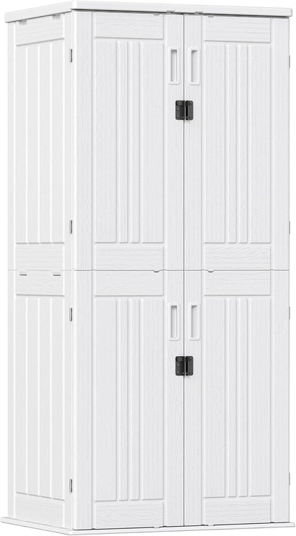Outdoor Storage Cabinet with 4 Shelves,31.5" x 23.23" x 66.22" White Waterproof Shed,Waterproof Resin Vertical Tool Shed, Lockable 30 cu.ft. Storage Shed for Patio, Garden, Yard, White