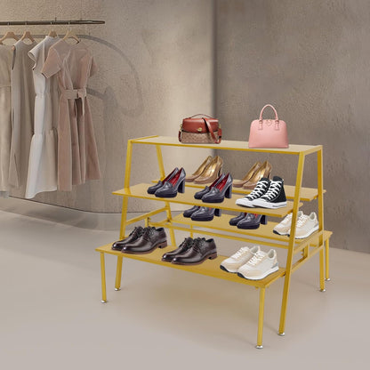 Nesting Tables for Retail Display, 3 Tier Metal Shoe Handbag Display Stand, Modern Retail Display Tables for Boutiques, Floor Standing Double Side Display Riser Shelf for Clothing Stores (Gold)