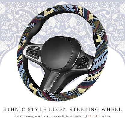 Boho Car Steering Wheel Cover, Ethnic Style Anti-Slip Coarse Flax Cloth Auto Wheel Cover, Bohemian Steering Wheel Protector for Most SUVs Vans Trucks, Car Accessories (Style H)