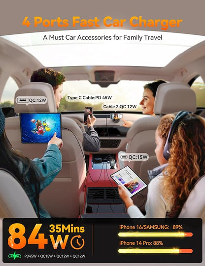 Retractable Car Charger 84W Car Charger USB C for iPhone 16 17 Pro Max Fast Charging [PD45W Dual Type C Cables] Car Accessories Cigarette Lighter Adapter for iPhone 17 Air 16 15 Pro Max, Samsung S25