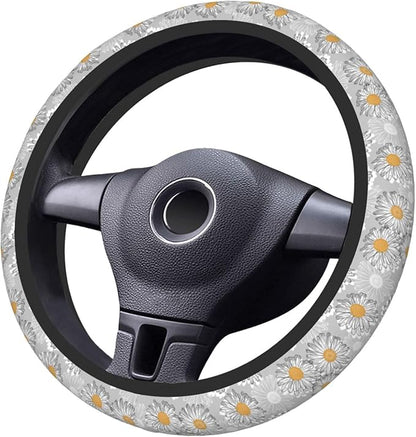 Floral Daisy Steering Wheel Cover Women Men Vintage Flower Elastic Stretch Soft Car Wheel Protector Universal Breathable No-Slip Car Accessories for Truck Van SUV Auto Fit 14-15 Inches