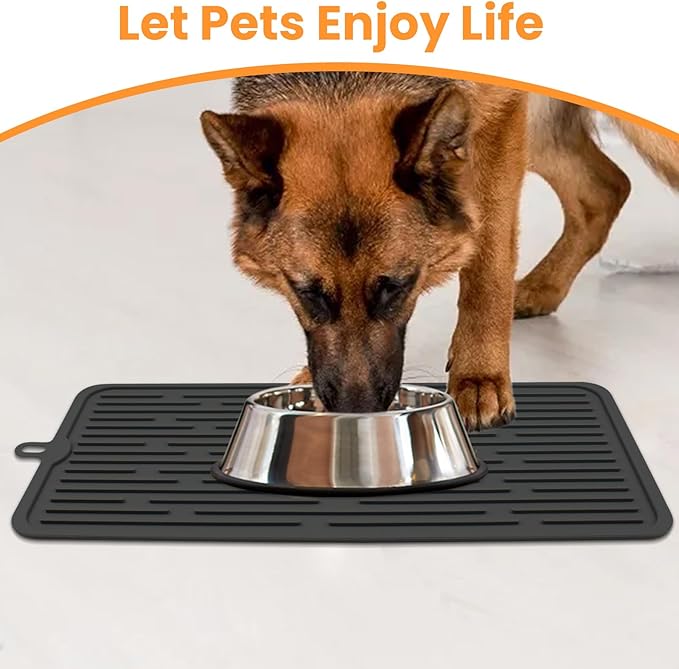 Ptlom Pet Placemat for Dog and Cat, Mat for Prevent Food and Water Overflow, Suitable for Medium and Small Pet, Black, Silicone