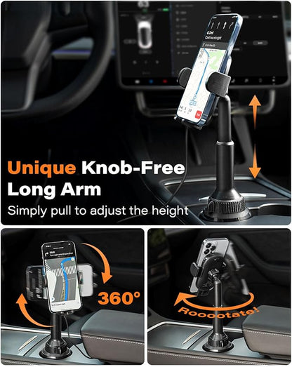 APPS2Car 15W Qi Wireless Car Charger Solid Cup Holder Mount, Adjustable Long Arm & 360° Rotation, Fits 3"–4" Round Cup Holders, Works with Cases ≤ 4 mm (No Metal Attachments)