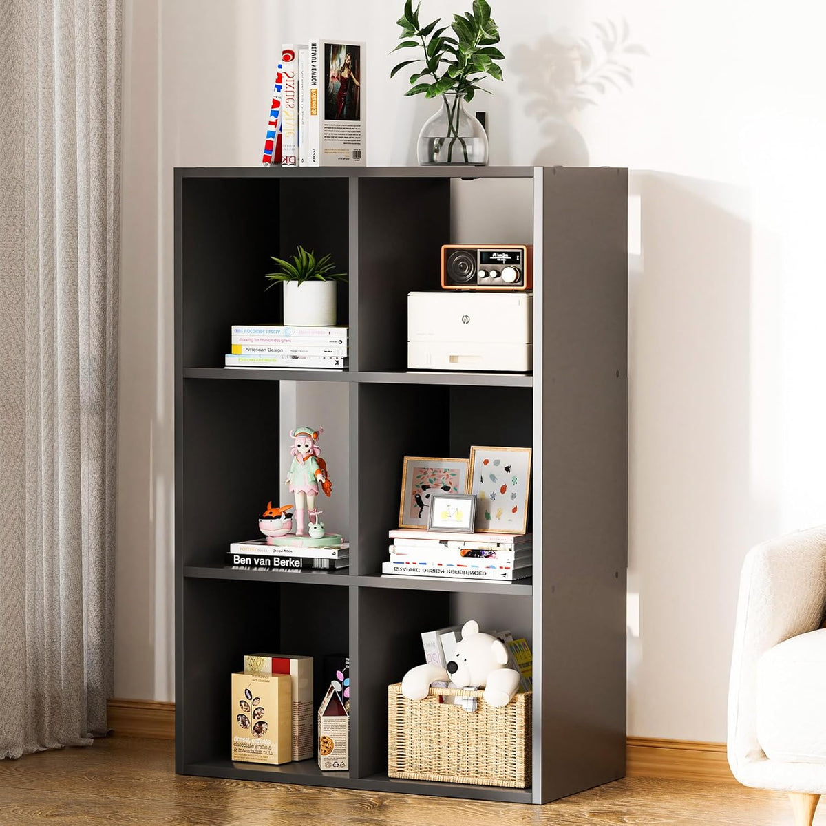 COMHOMA 6 Wood Cube Storage Organizer with Open Back and Removable Back Panels, 11In Black Cube Storage Bookshelf, Cubicle Shelf Bookcase for Home Office Bedroom Living Room, Vertical or Horizontal