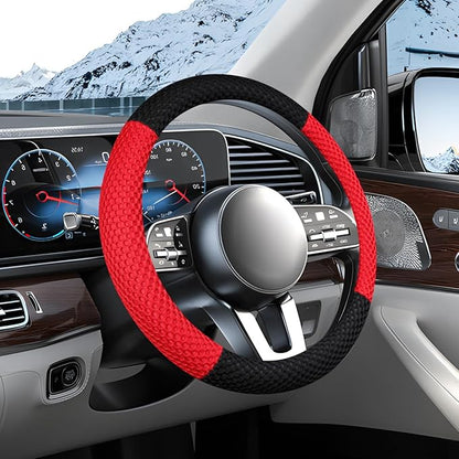 Car Steering Wheel Cover, 15" Breathable Soft Vehicle Steering Wheel Protector with Anti-Slip Lining, Automobile Interior Decoration Accessories, Universal for Sedan Truck SUV (Black/Red)