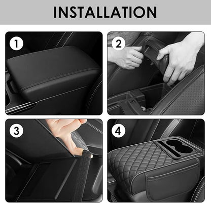 Car Center Console Cover, Leather Car Armrest Cover with Storage Box, Cup Holder, Phone Slot, Waterproof Arm Rest Protector Cushion Automotive Accessories (Black)