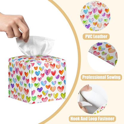 BLYKVGHQ Watercolor Square Tissue Box Cover Colorful Hearts Tissue Box Holder Facial Cube Paper Dispenser Leather Decorative Organizer Home Office Desk Decor, 5.2"x5.2"x5.2"