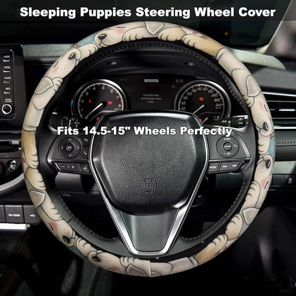 Sleeping Puppies Steering Wheel Cover for 14.5-15 Inch (37-38 cm) Wheels, Premium Fabric with Non-Slip Rubber Inner Ring (Sleeping Puppies & Stars)