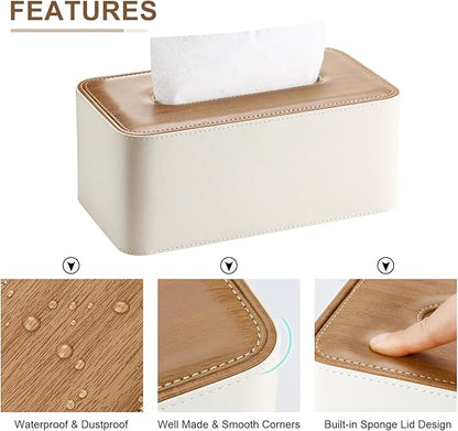 KINGFOM Tissue Box Cover, PU Leather Tissue Box Holder Rectangular, Modern Facial Tissue Paper Napkin Dispenser for Bathroom, Home, Office, Car Automotive Decoration with Magnetic Lid Light Beige