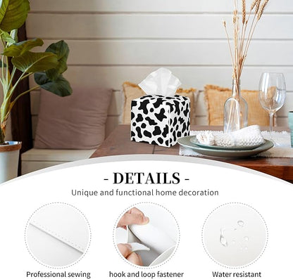POIUBLE Cow Print Tissue Box Cover Leather Tissue Box Holder Square Facial Paper Organizer Dispenser for Bathroom Kitchen Bedroom Vanity Countertop Night Stands