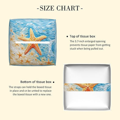 POIUBLE Tissue Box Holder Beach Starfish Tissue Box Cover Square Leather Tissue Holder Organizer Portable Decorative Facial Paper Case for Home Office Bathroom Vanity Countertop