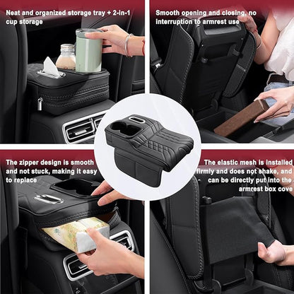 Car Armrest Storage Box for Cadillac XT4 2018–2025 2020 2021 2022 2023 2024, Sport-Style Center Console Organizer with Side Pocket, PU Leather Armrest Cushion, Elbow Support Pad,C Grey