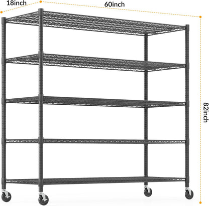 Himimi Storage Shelves with Wheels, 5-Tier Heavy Duty Steel Wire Rack Storage Shelving, Adjustable Metal Storage Shelves for Garage Kitchen Pantry Bathroom Laundry 18" D*60" W*82" H, Black
