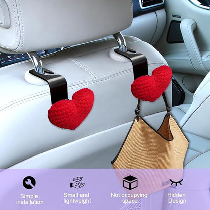 2PCS Car Headrest Hook, Cute Wool Heart Vehicle Seat Hangers for Umbrellas Grocery Bags, Automotive Interior Backseat Storage Organizer Hook, Universal for SUV, Sedan, Truck (Red)