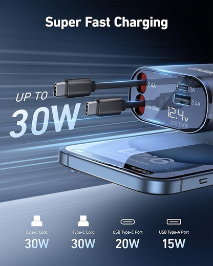 Car Phone Charger Retractable Car Charger 4 in 1 Fast Charger 30W Double USB Type C Retractable Cables 31.5 Inch and 2 USB Ports Car Charger Adapter for iPhone 17/16/15/14/13/12,Samsung,Pixel,iPad