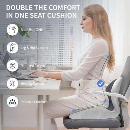 Memory Foam Seat Cushion with Lumbar Support for Back Pain & Sciatica Relief, Office Chair & Car Seat Cushion with Adjustable Strap
