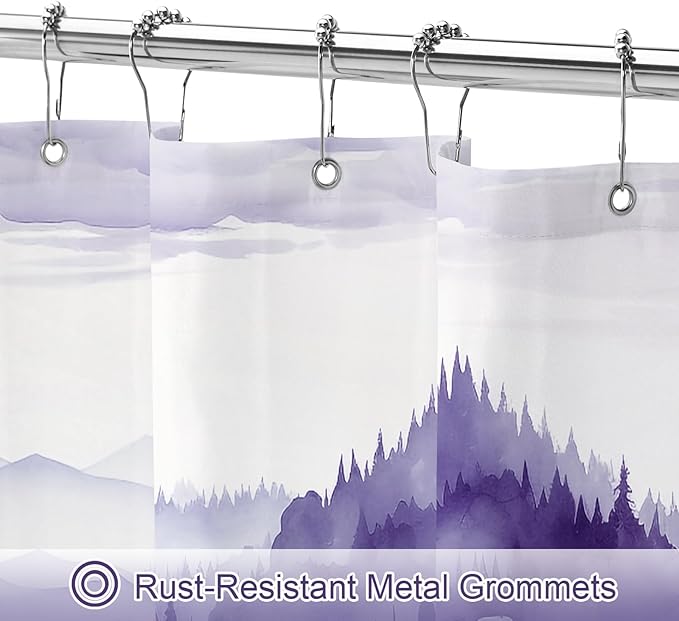 Litabel Purple Extra Long Misty Pine Forest Shower Curtain 72 x 84, XL Mountain Foggy Woodland Scenery Tree Shower Curtains for Bathroom, Abstract Waterproof Nature-Themed Decor