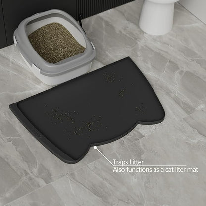 OHMO Dog Food Mat(Black, 24 * 15'') w/Residue Collection Pocket Silicone Pet Feeding Mat for Floor High Edges Anti Spills Waterproof Cat Water Bowl Tray, Easy Clean Placemat