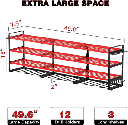 48" Large Power Tools Organizer Wall Mount,12 Drill Holder for Garage, Workshop Heavy Duty Storage Rack (Red)