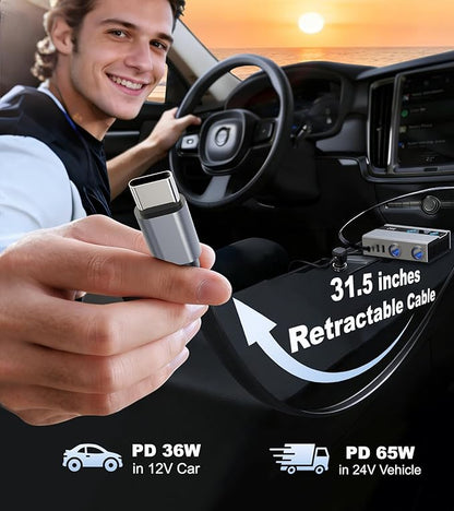 Retractable Cigarette Lighter Splitter, USB Car Charger Adapter with PD 65W, 2 Sockets with Independent Switches, TSNAM 12V/24V Car Splitter with LED Display