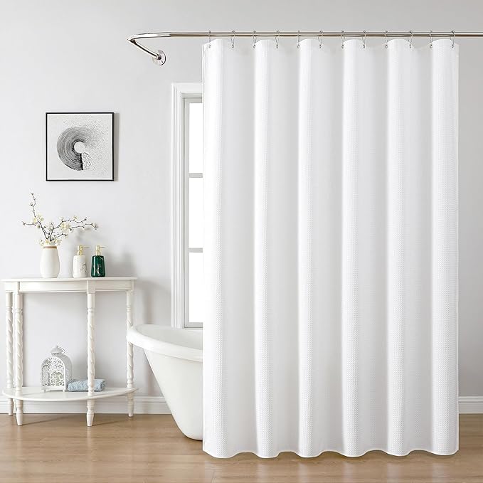 meioro White Shower Curtain, Waffle Weave 256GSM Heavy Duty Textured Fabric Shower Curtains for Bathroom Hotel Spa, Luxury Weighted Polyester Cloth Bath Curtain Set with 12 Hooks, 72Wx96H