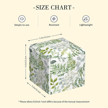 POIUBLE Green Leaves and Fern Tissue Box Cover Leather Tissue Box Holder Square Facial Paper Organizer Dispenser for Bathroom Kitchen Bedroom Vanity Countertop Night Stands