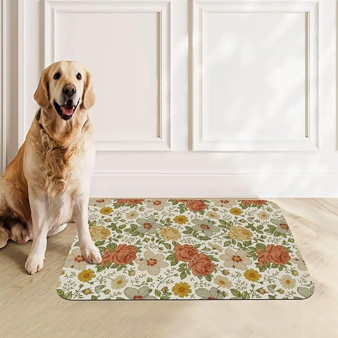 Delicate Floral Dog Food Mat Absorbent Bowl Mats No Stains Quick Dry Waterproof Pet Cat Placemats for Food and Water, 30x45cm