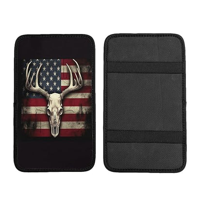 American Flag with A Deer Skull Car Auto Armrest Cushion Cover Accessories Center Console Seat Box Pad Protector Universal Decoration for Most Vehicle SUV Truck