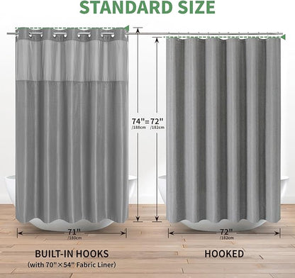 eachope No Hook Waffle Weave Shower Curtain with Snap-in Fabric Liner Set,Grey Shower Curtains for Bathroom with See Through Top Window,Water Repellent & Washable,71Wx74H,Gray